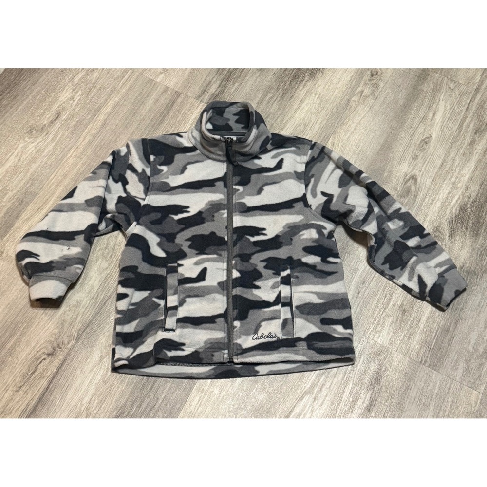 Cabelas Kids XS Grey Black‎ Camouflage Full Zip Fleece Jacket Mock Neck Camo